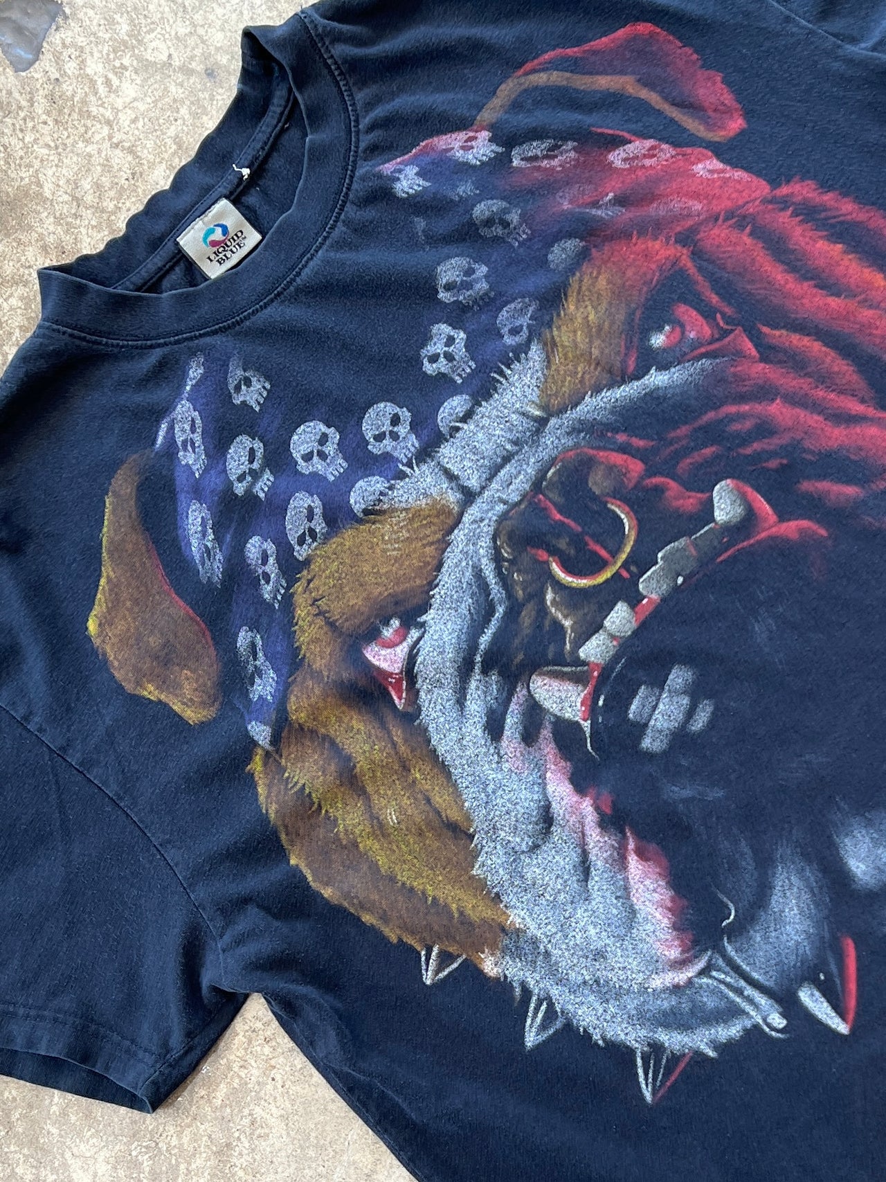 Y2K Liquid Blue Bulldog Biker Bug Face Big Print Tee