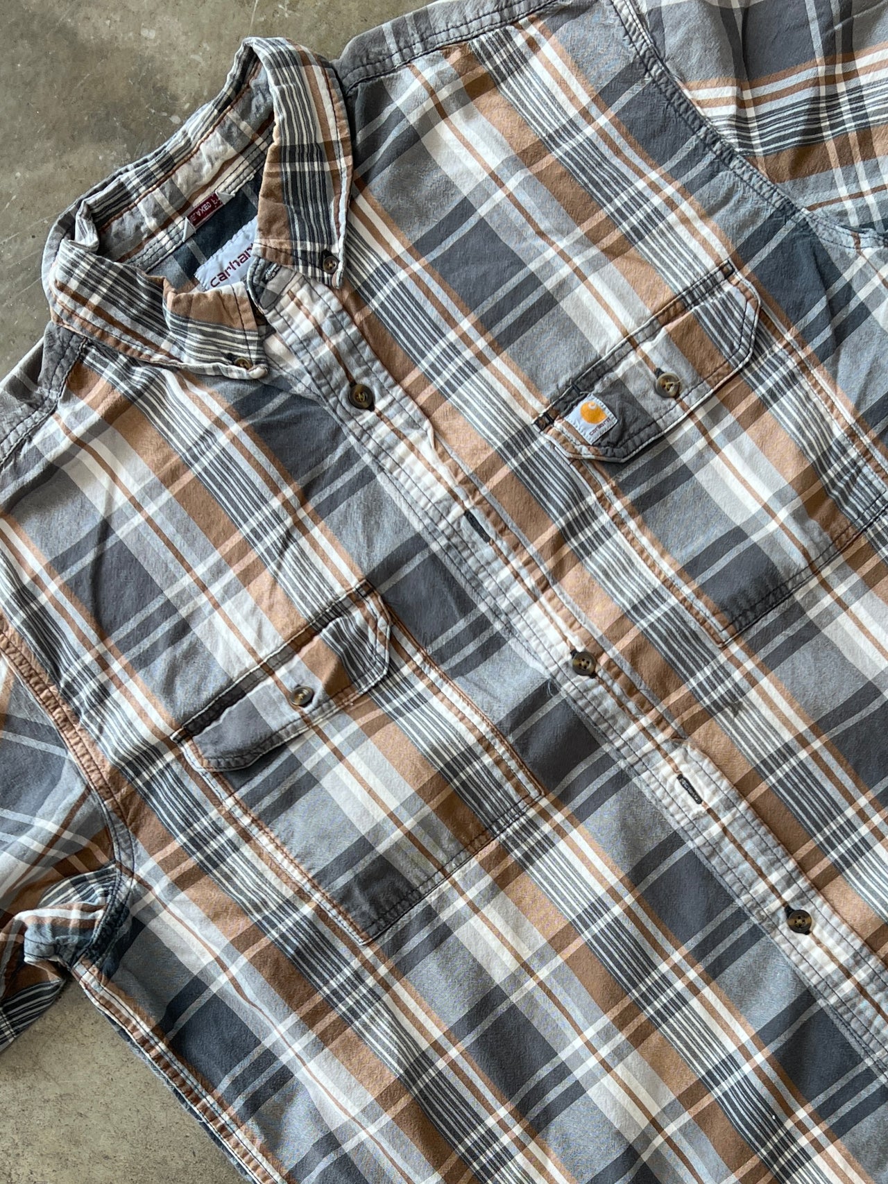 Carhartt Relaxed Fit Grey Orange Plaid Double Pocket