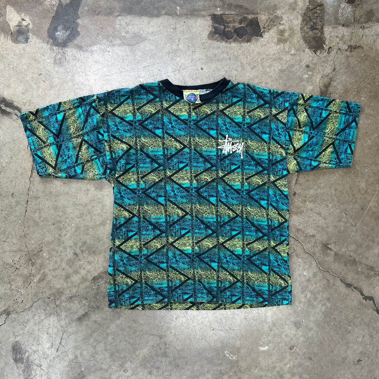 90s Stussy AOP Tribal Weed Tag Print Tee