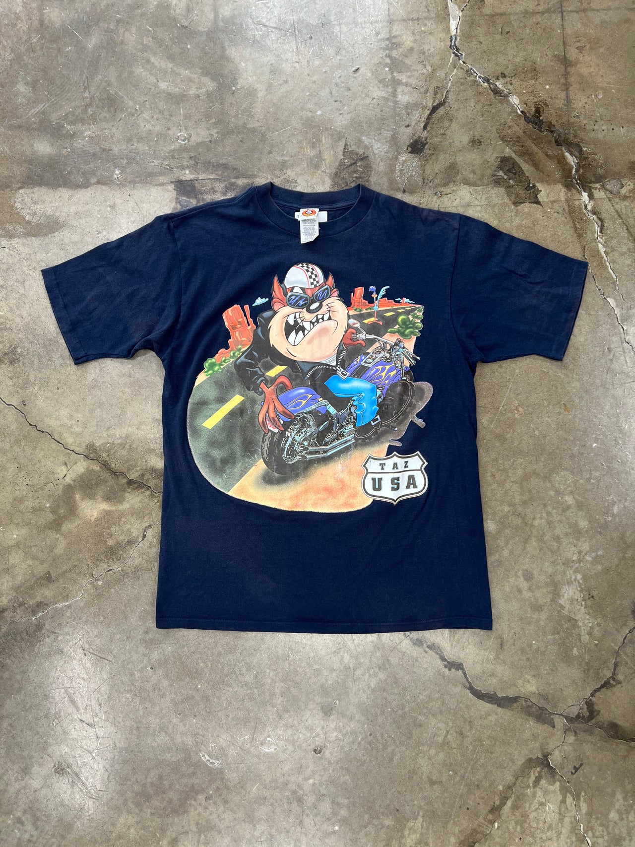 Looney Tunes Taz Motorcycle USA Route Single Stitch Tee