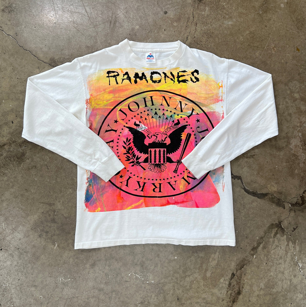 90s Ramones Escape From NY Seal Logo Tie Dye Long Sleeve Band Tee