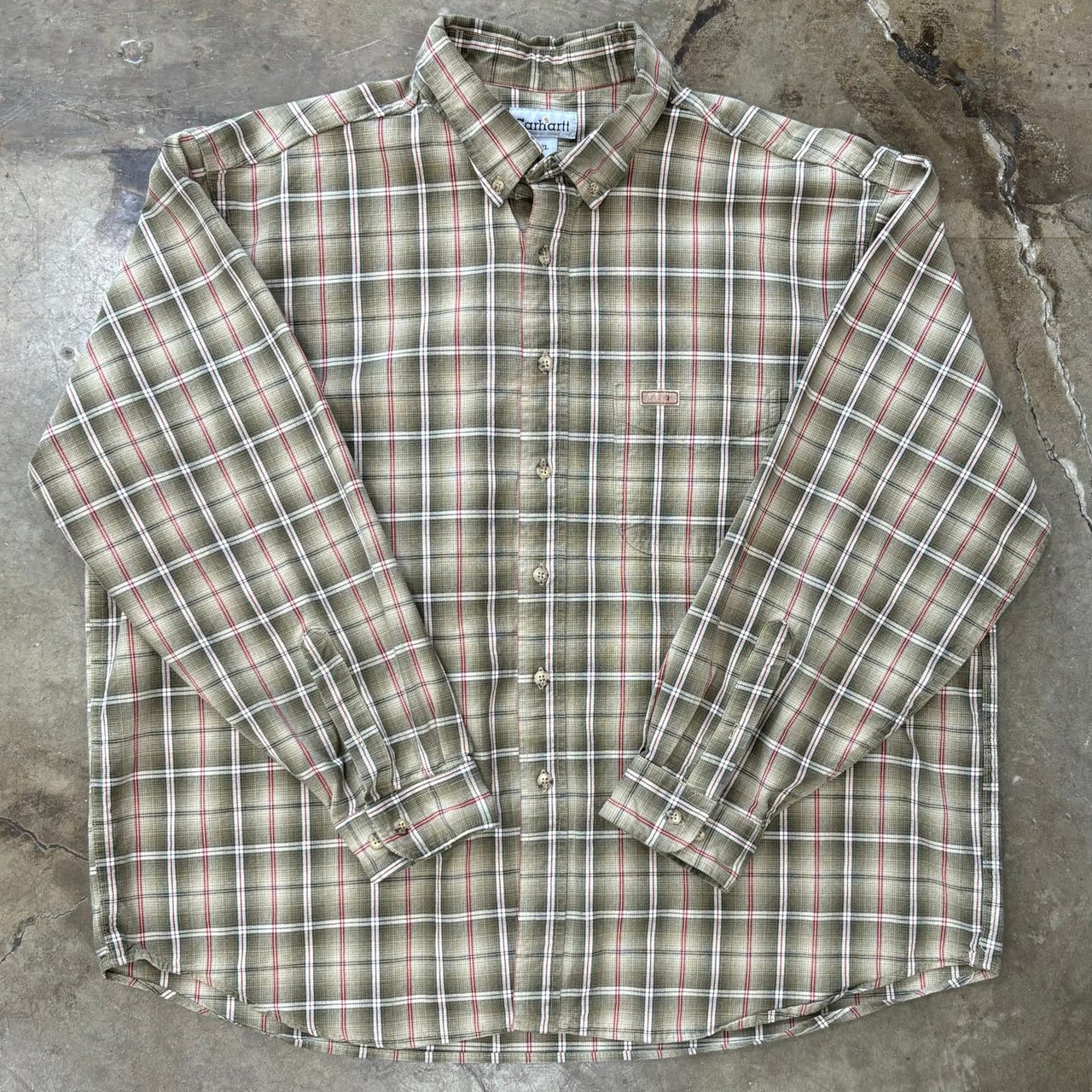 Carhartt Red Tan Plaid Pocket Button-Up 2XL