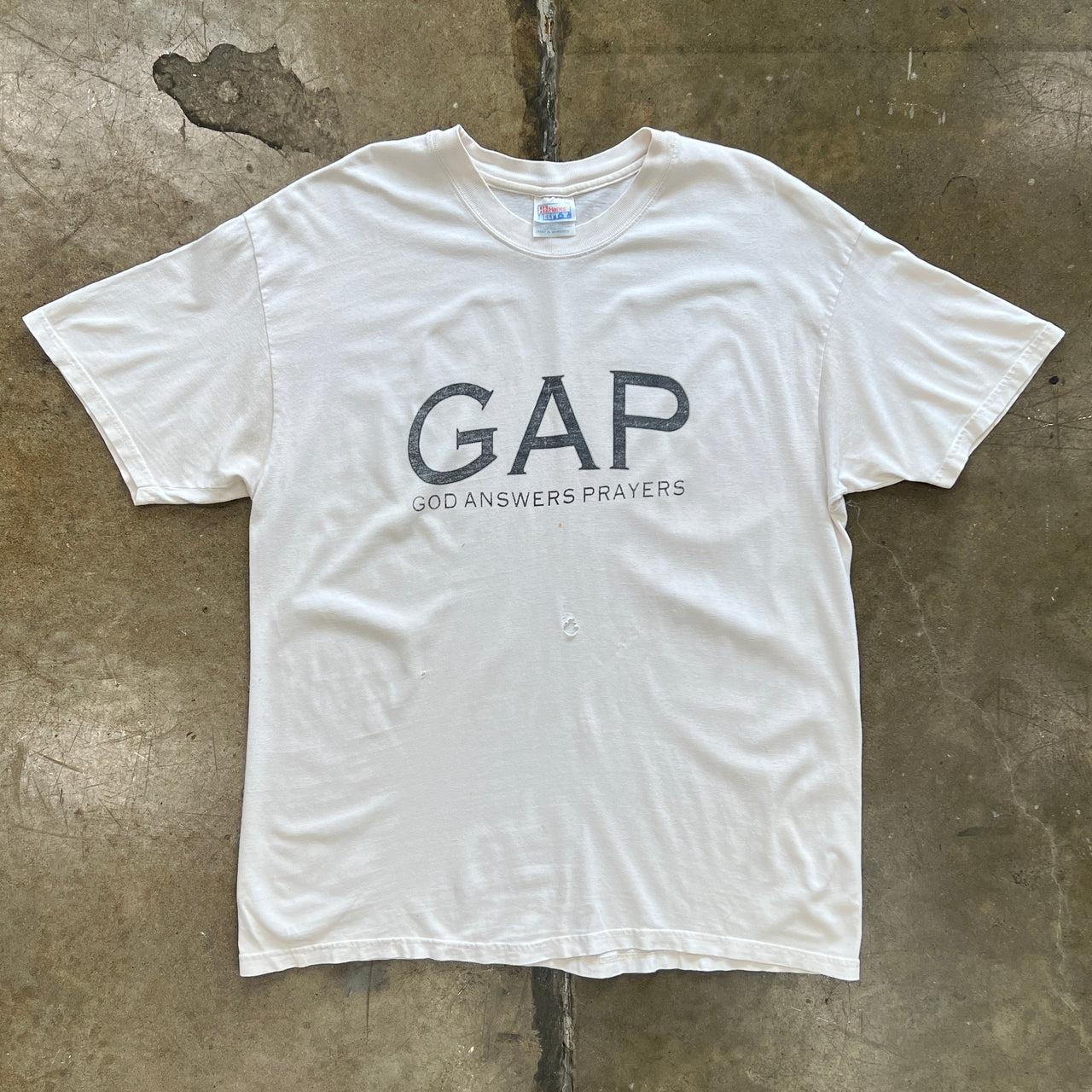 GAP God Answers Prayers Parody Distressed Jesus Tee