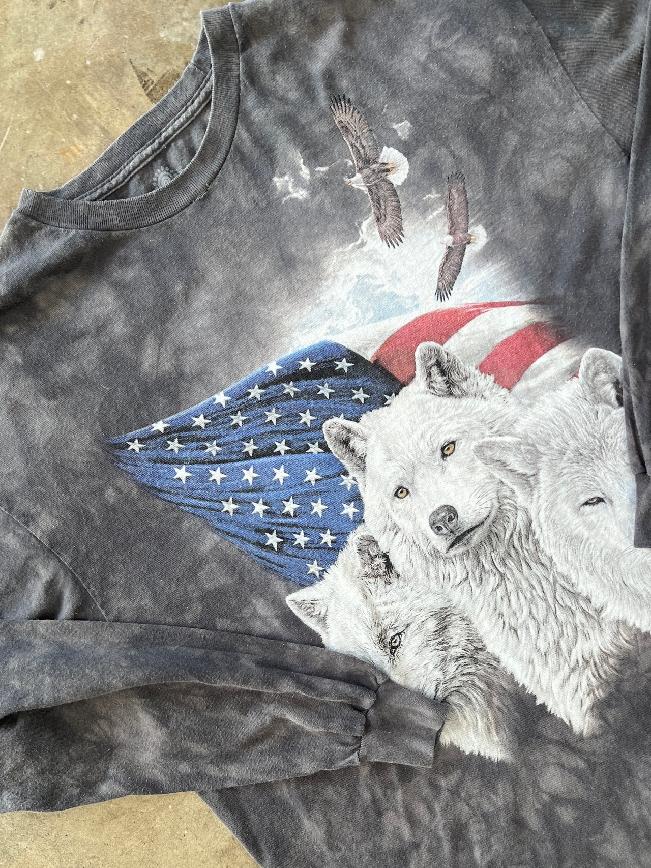 Nature Wolves American Flag Eagle Dyed Long Sleeve Tee