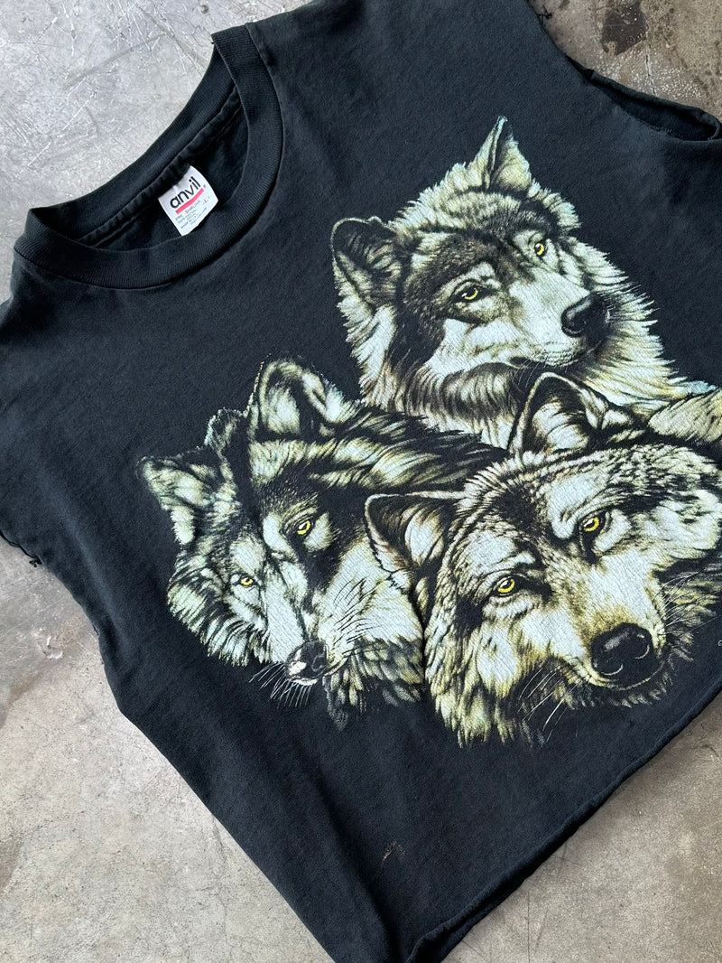 Vintage Three Wolves Wolfpack Crop Tee Large