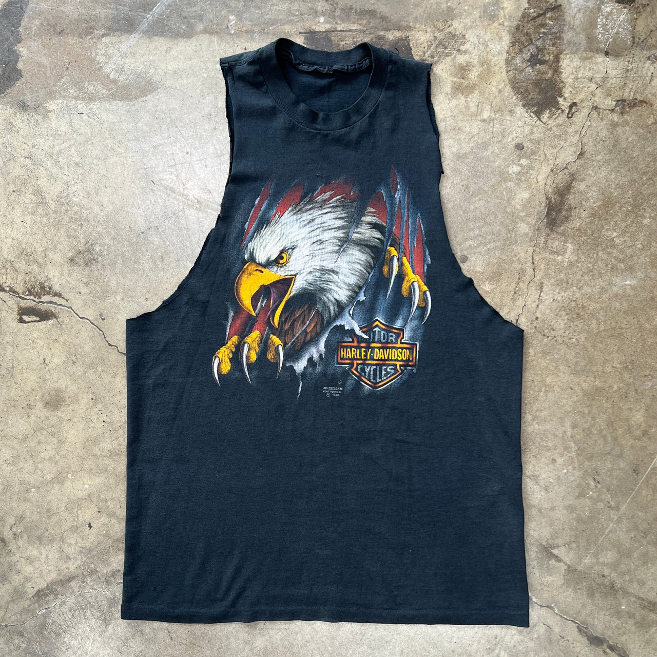 Harley Davidson 1990 3D Emblem Eagle Texas Cut Sleeve Tee