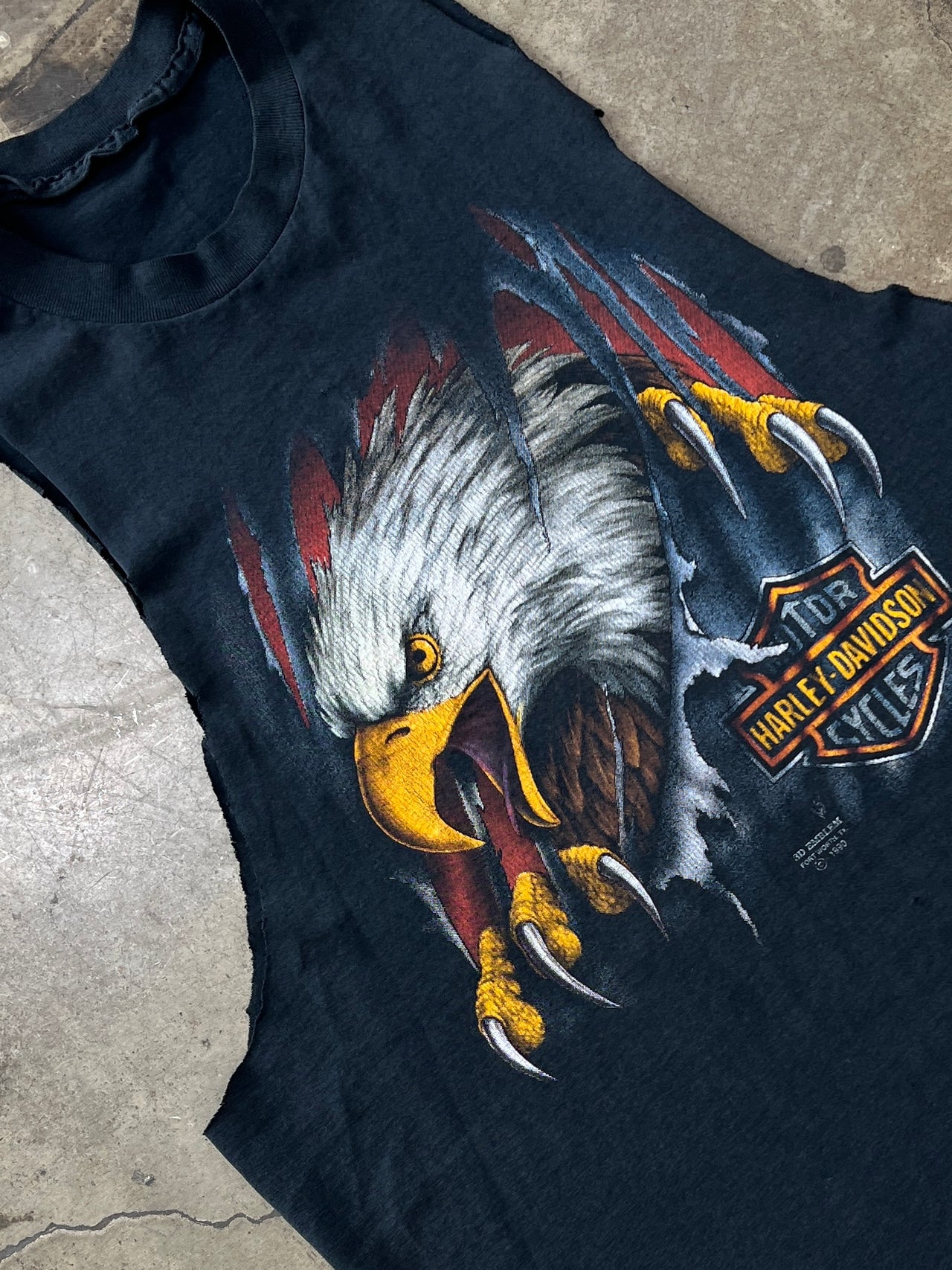 Harley Davidson 1990 3D Emblem Eagle Texas Cut Sleeve Tee