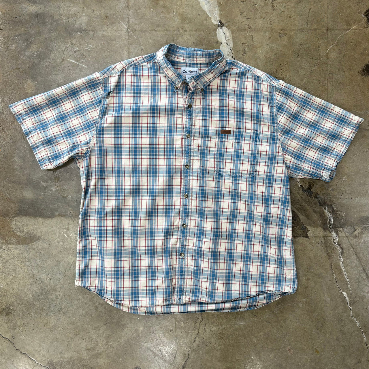 Carhartt Blue Tan Plaid Pocket Button-Up