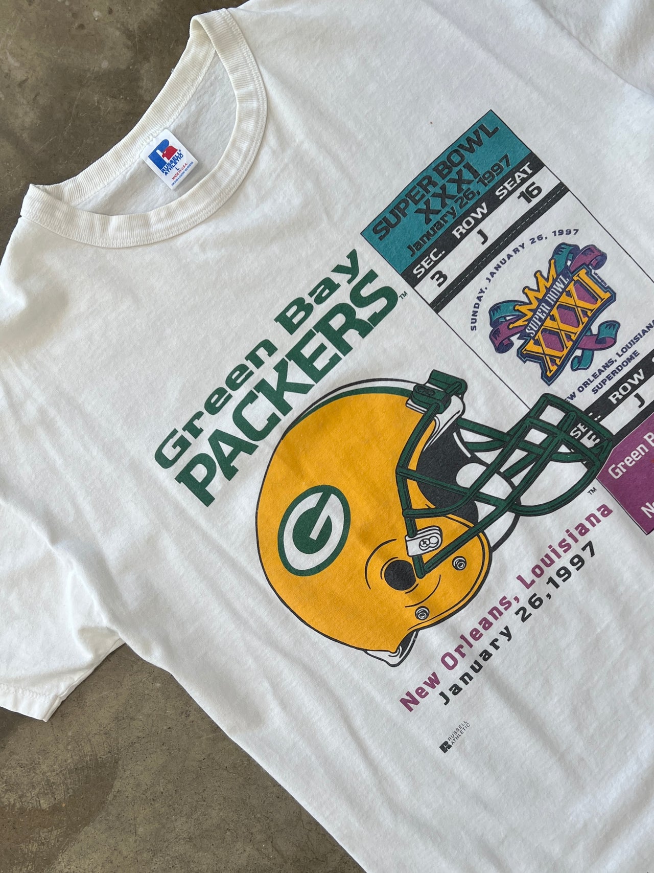 1997 Super Bowl XXXI Green Bay Packers Ticket Football Tee