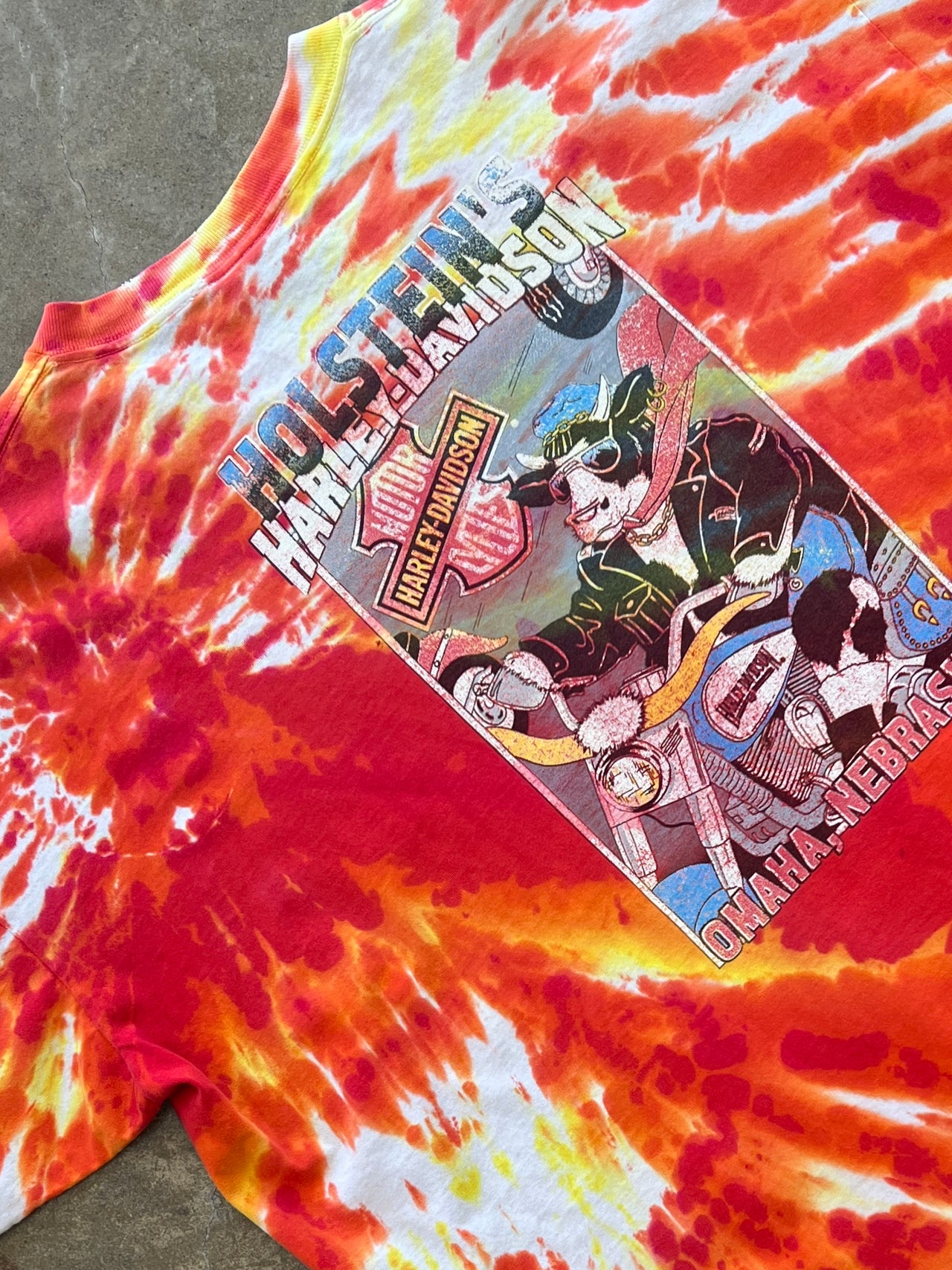 1992 Harley Davidson Cow Motorcycle Omaha Single Stitch Tie Dye Tee