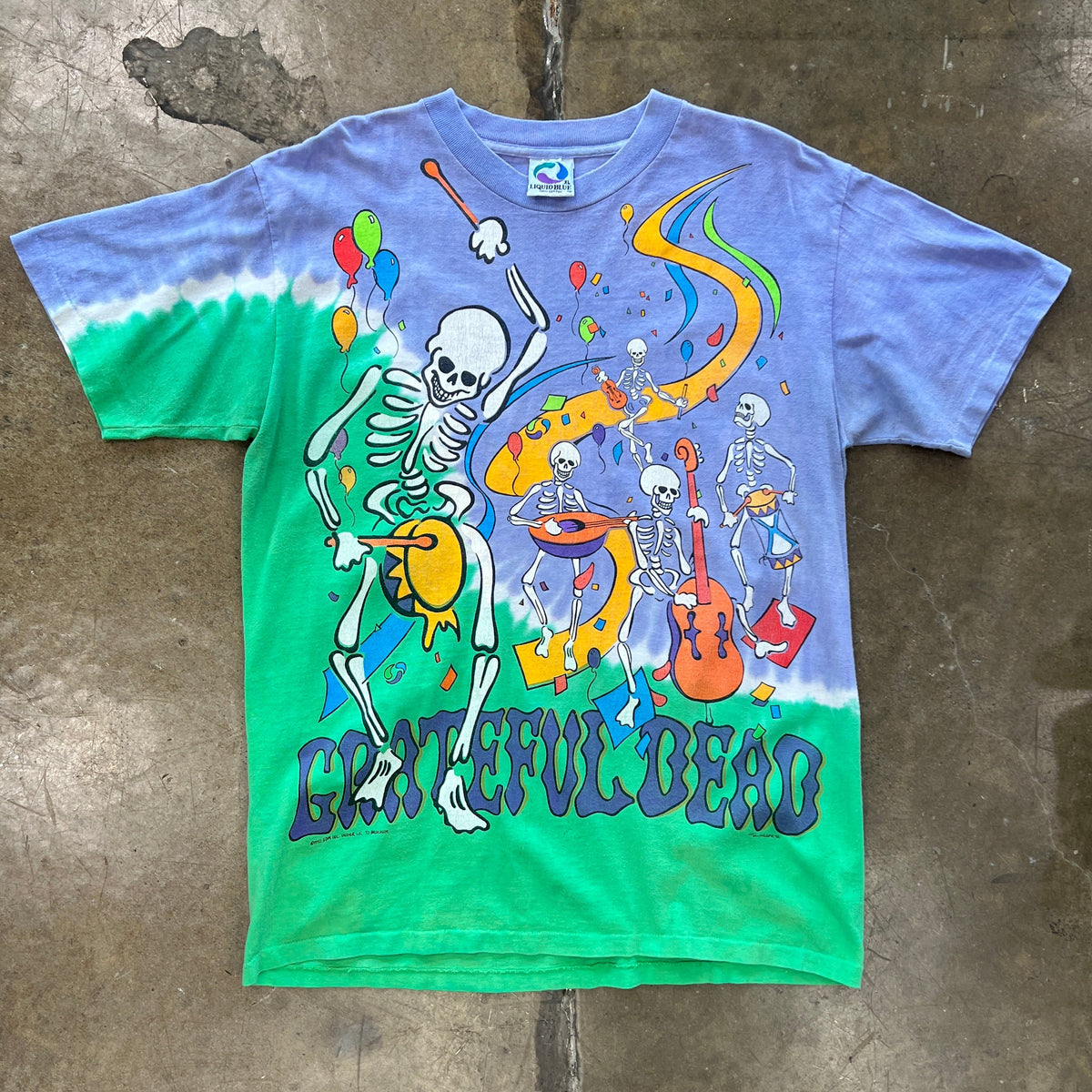 1992 Grateful Dead Liquid Blue Brockum Skeleton Tie-Dye Band Tee