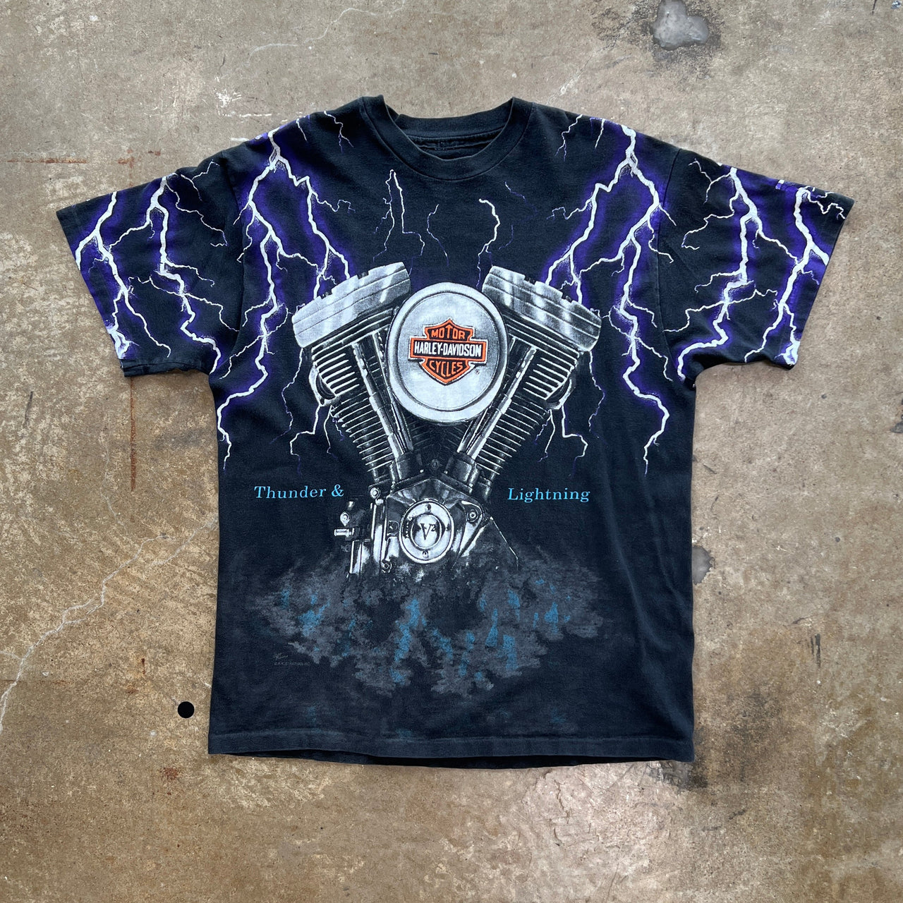 90s AOP Harley Davidson Thunder & Lightning Engine Single Stitch Tee