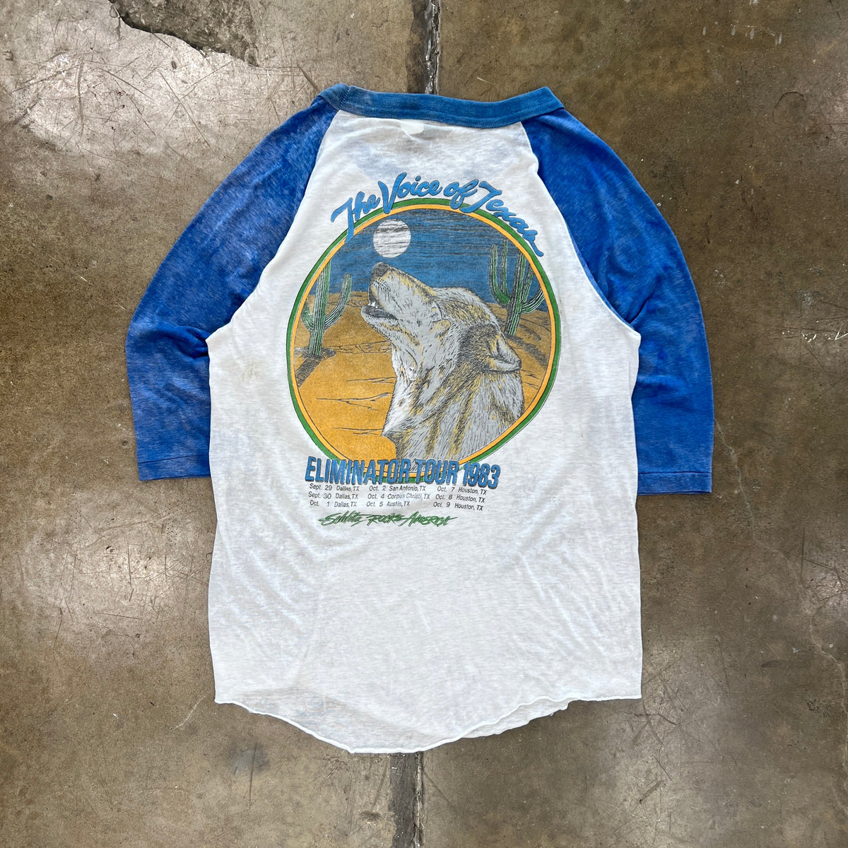 1983 ZZ Top Eliminator Voice of Texas Tour Band Raglan