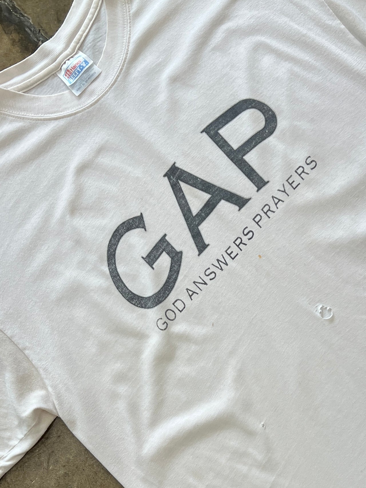 GAP God Answers Prayers Parody Distressed Jesus Tee