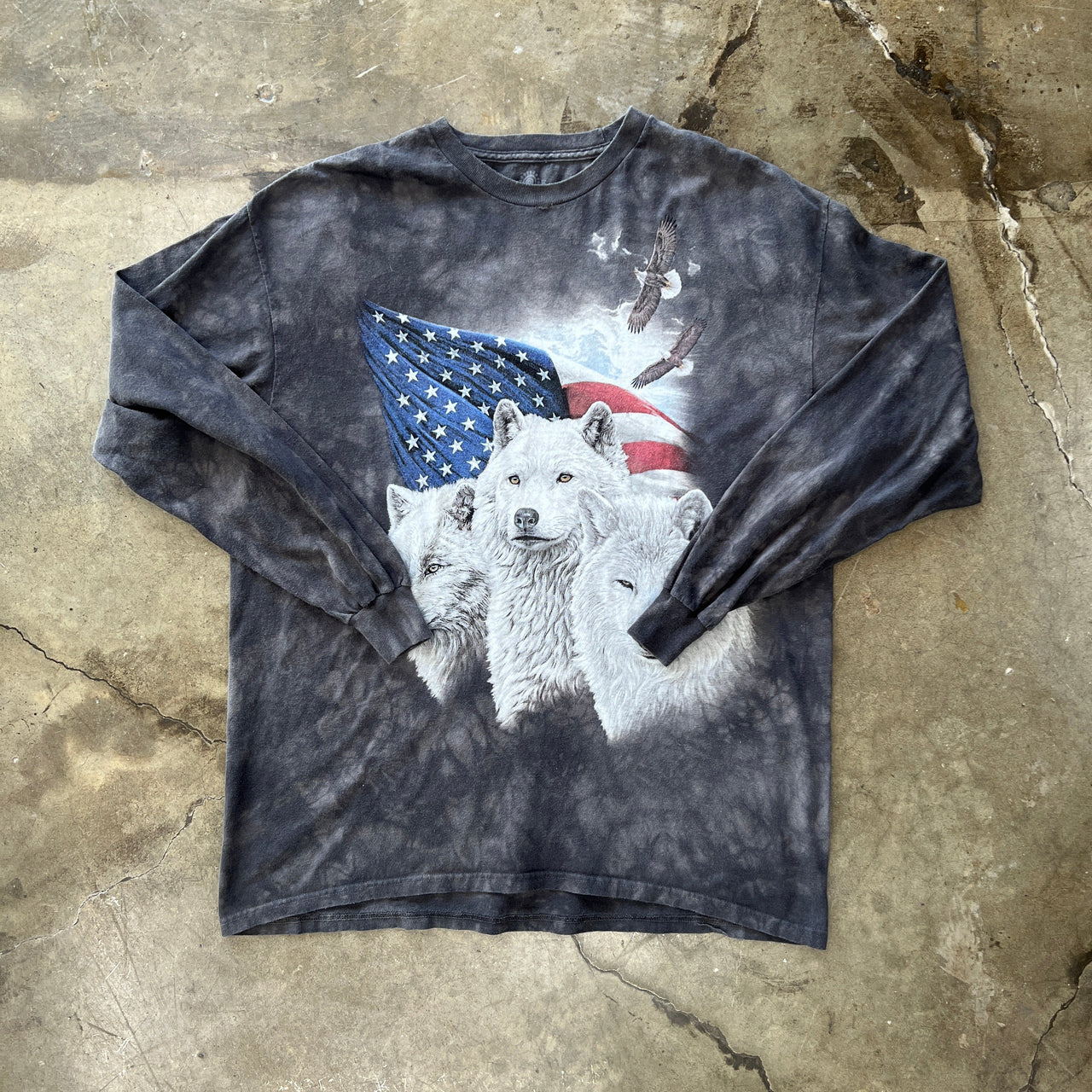 Nature Wolves American Flag Eagle Dyed Long Sleeve Tee