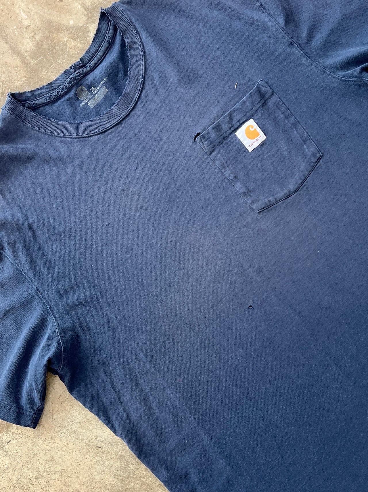 Carhartt Navy Pocket Tee Distressed Collar