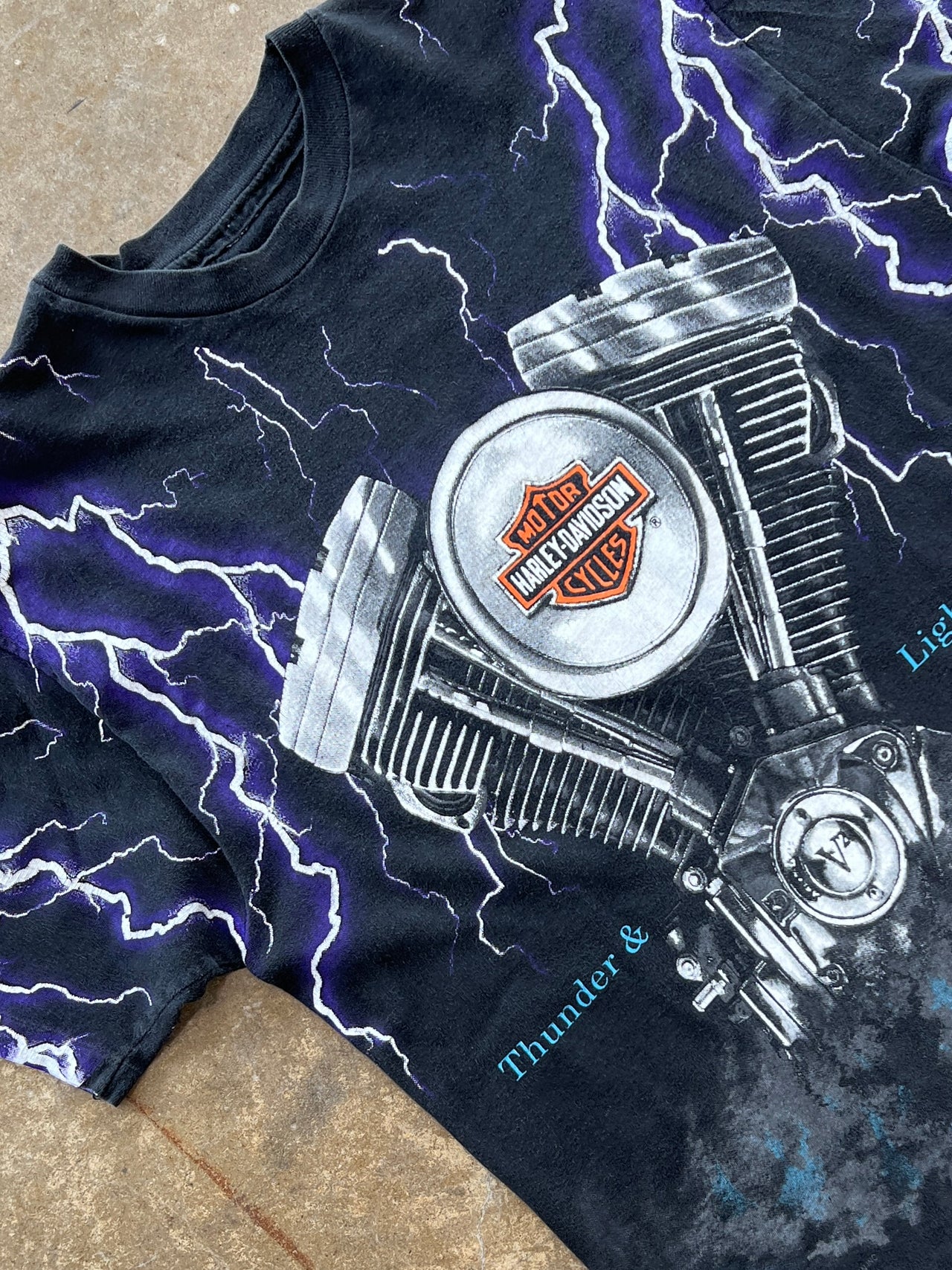 90s AOP Harley Davidson Thunder & Lightning Engine Single Stitch Tee