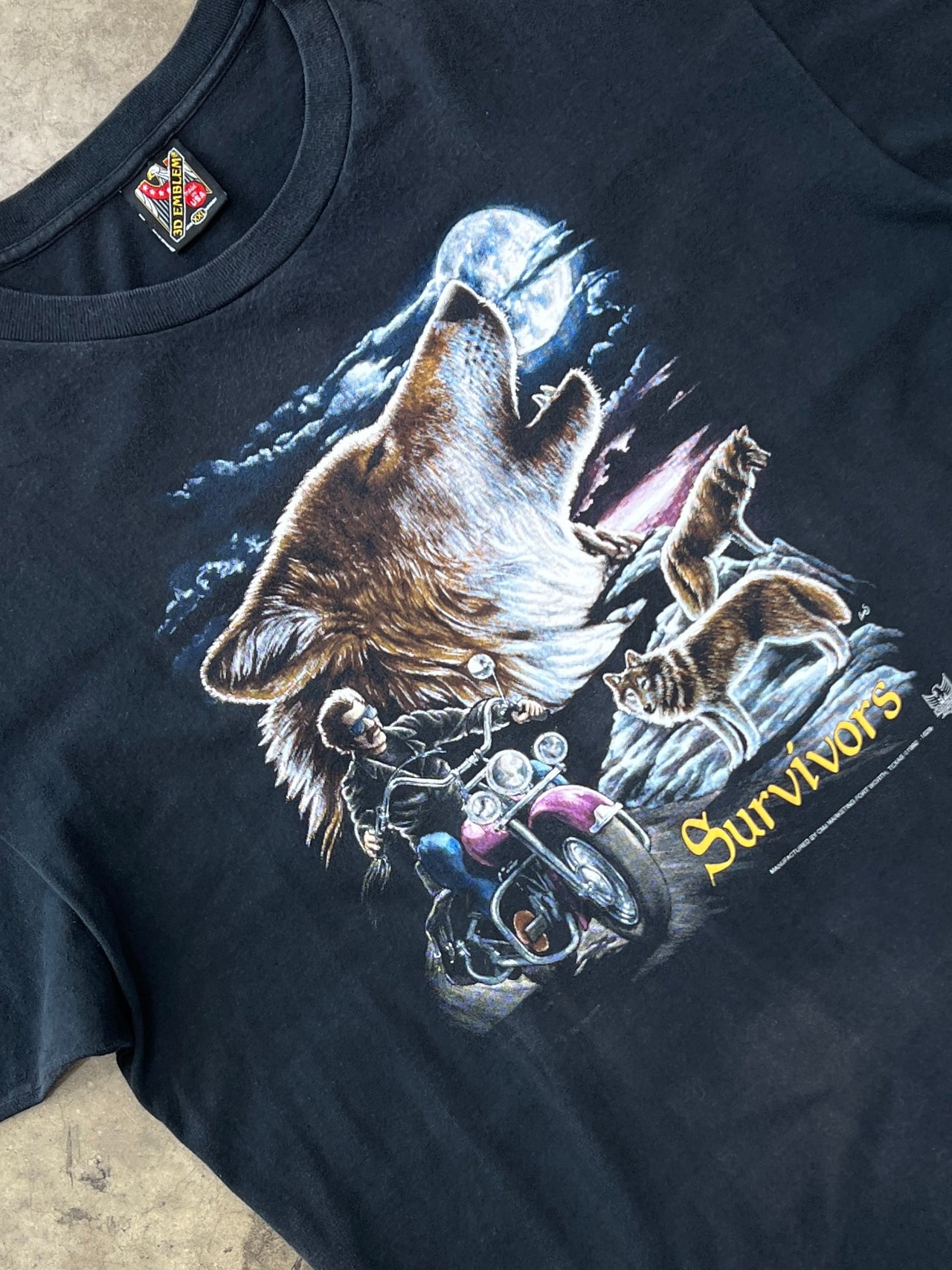 3D Emblem 1992 Survivors Motorcycle Wolf Single Stitch Tee