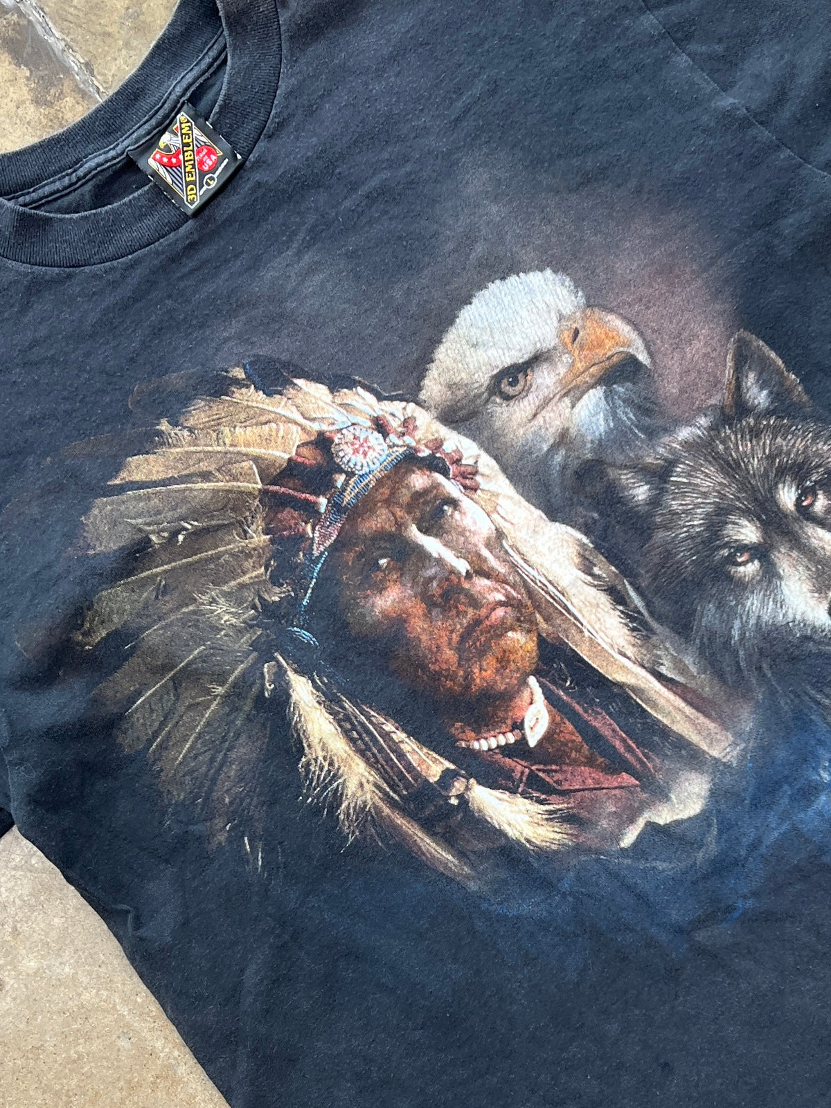 90s Native American Wolf Eagle Shadow 3D Emblem Tee