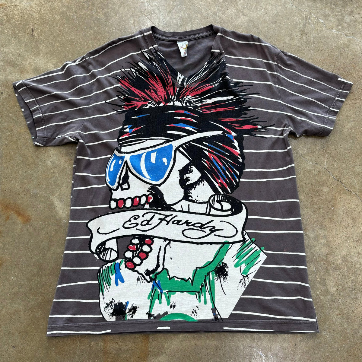 Ed Hardy Mohawk Skull Stripe V-neck Tee XL