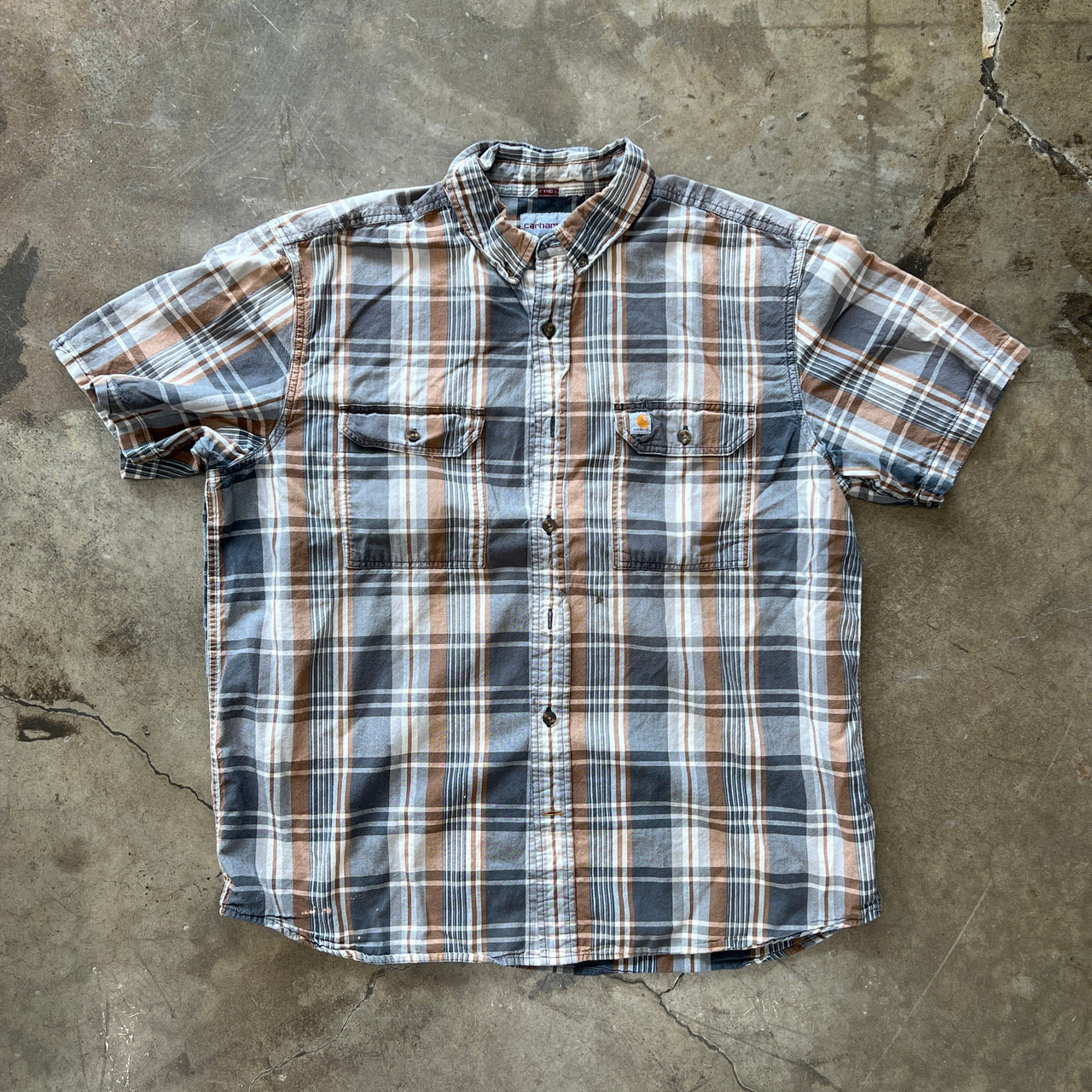 Carhartt Relaxed Fit Grey Orange Plaid Double Pocket