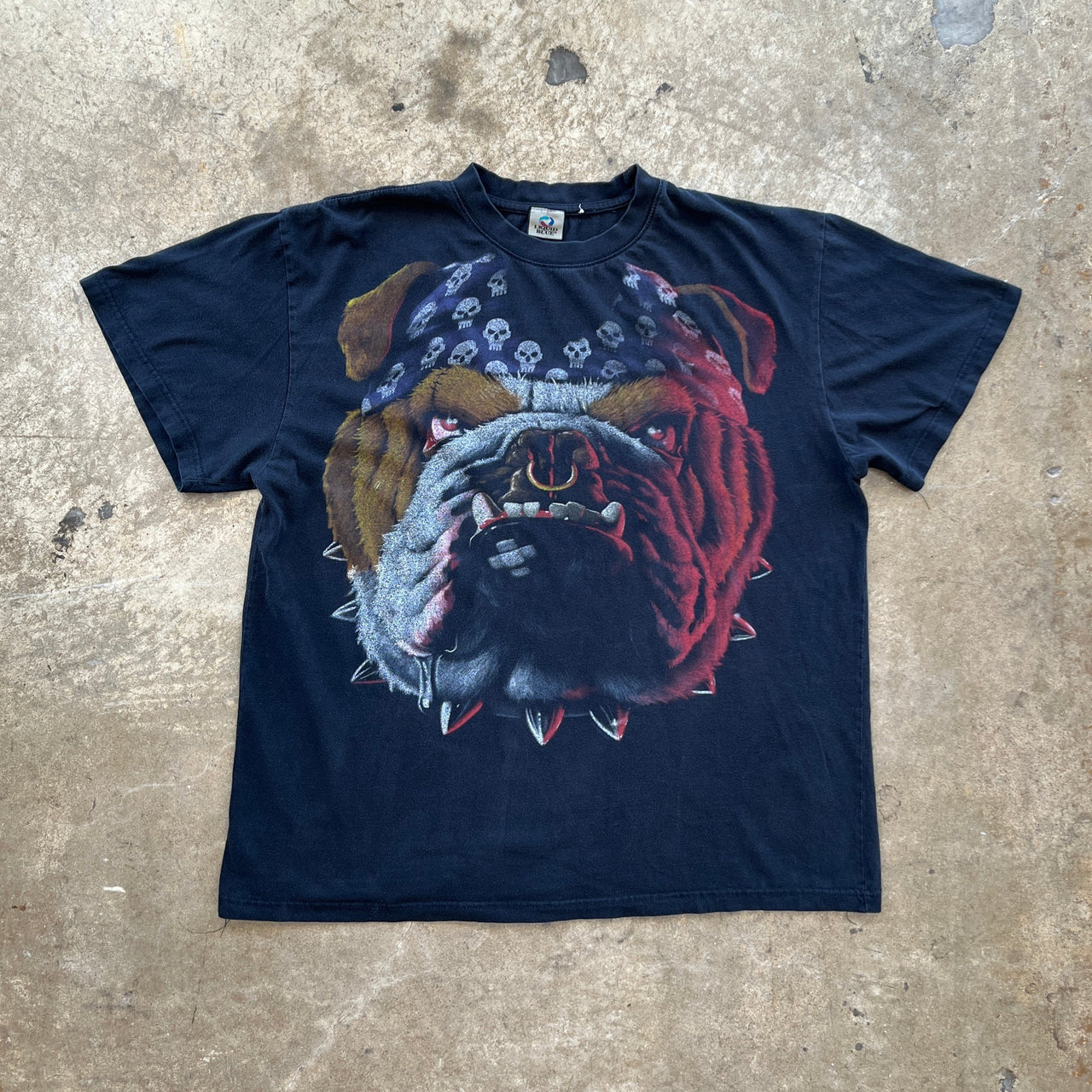 Y2K Liquid Blue Bulldog Biker Bug Face Big Print Tee