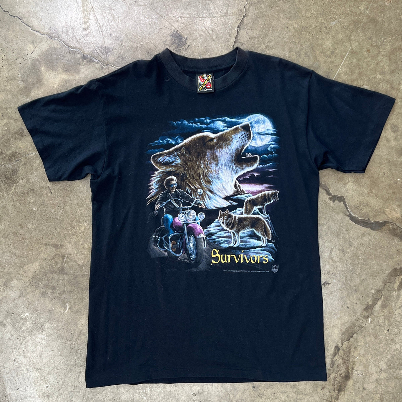 3D Emblem 90s Survivors Motorcycle Wolf Tee Single Stitch