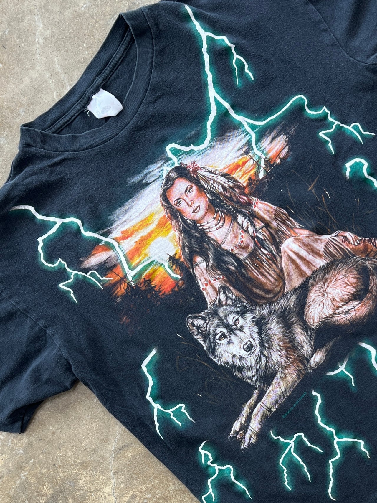 90s American Thunder Native Woman Wolf Lightning Tee